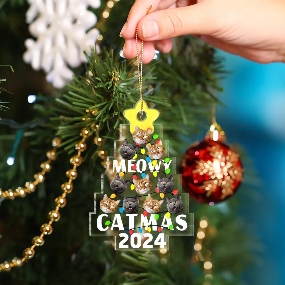 Custom Photo Funny Cat Faces Meowy Christmas - Personalized Custom Shaped Acrylic Ornament ORNA1210