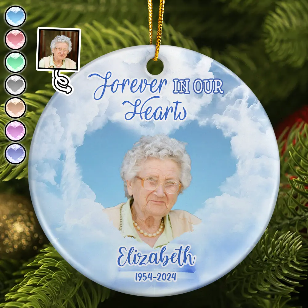 Custom Photo Forever In Our Hearts Memorial - Personalized Circle Ceramic Ornament ORNA1210