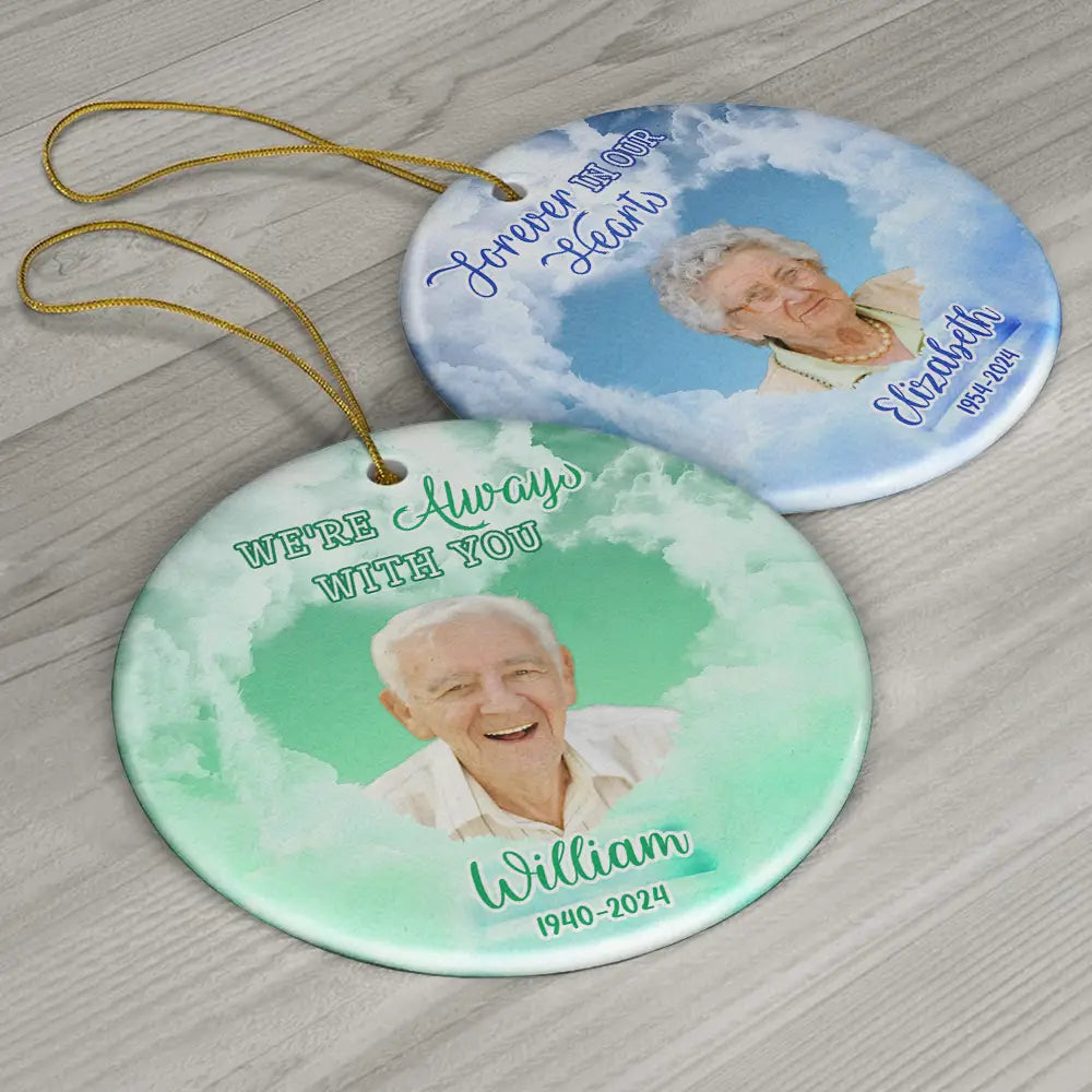 Custom Photo Forever In Our Hearts Memorial - Personalized Circle Ceramic Ornament ORNA1210
