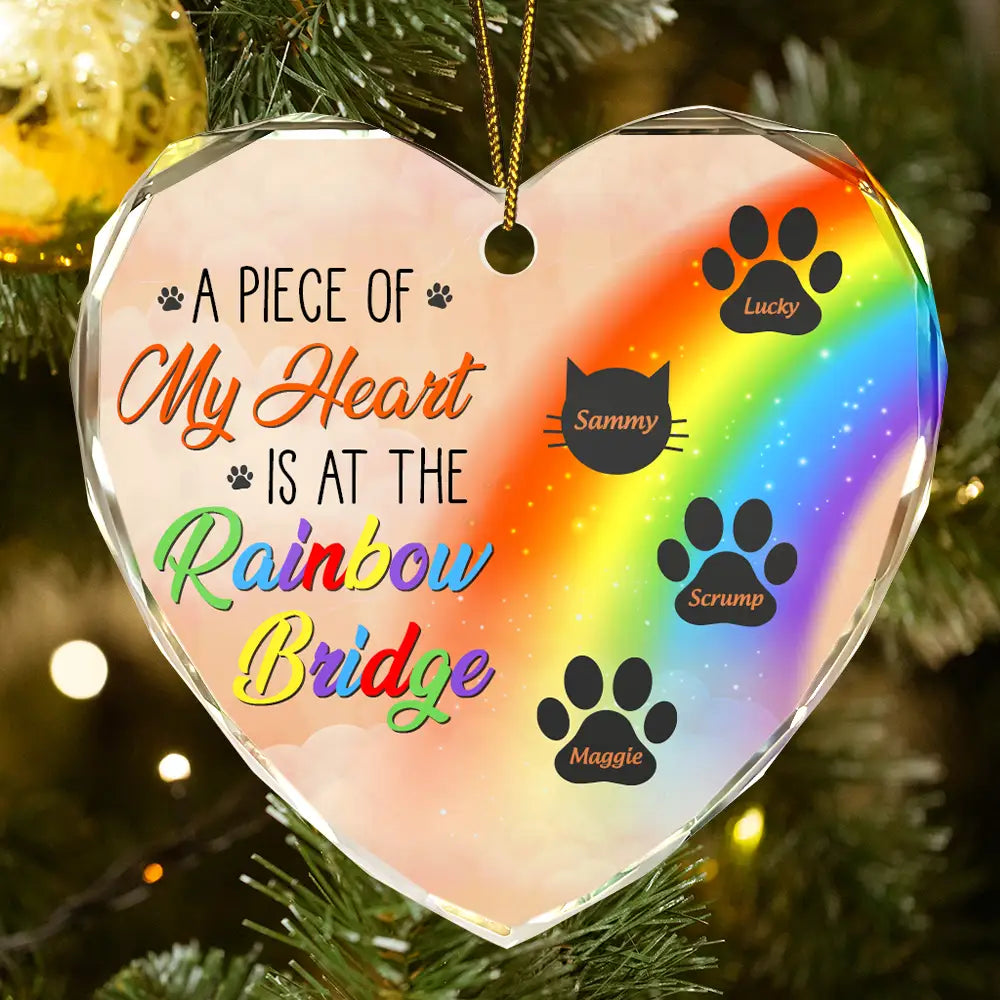 Memorial Dog Cat A Piece Of My Heart Is At The Rainbow Bridge - Personalized Heart Shaped Glass Ornament ORNA1210