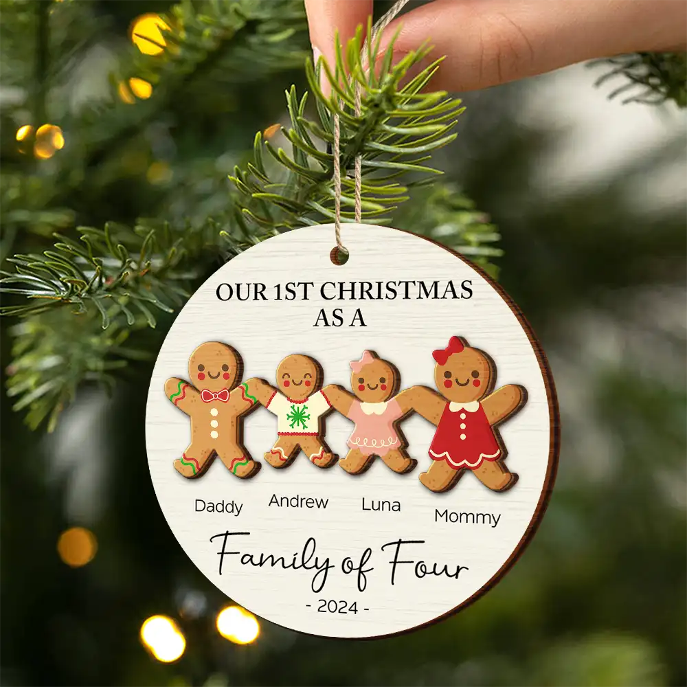 First Christmas As A Family Of Three Gingerbread - Personalized 2-Layered Wooden Ornament ORNA1210
