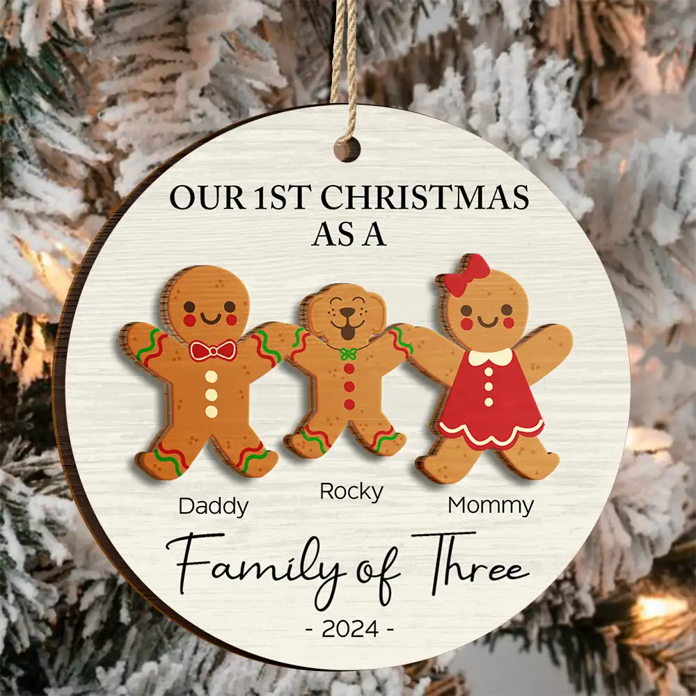 First Christmas As A Family Of Three Gingerbread - Personalized 2-Layered Wooden Ornament ORNA1210