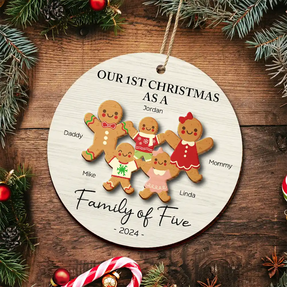 First Christmas As A Family Of Three Gingerbread - Personalized 2-Layered Wooden Ornament ORNA1210