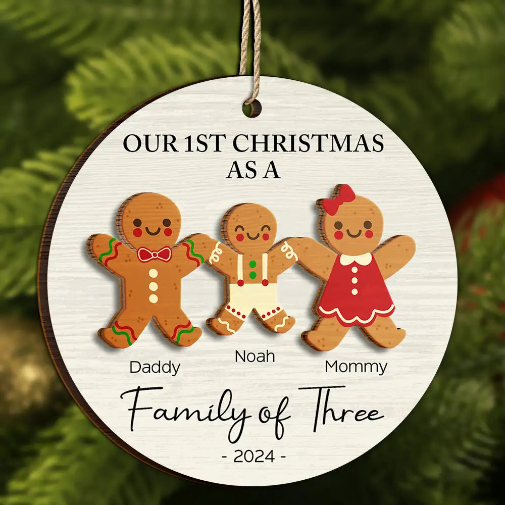First Christmas As A Family Of Three Gingerbread - Personalized 2-Layered Wooden Ornament ORNA1210