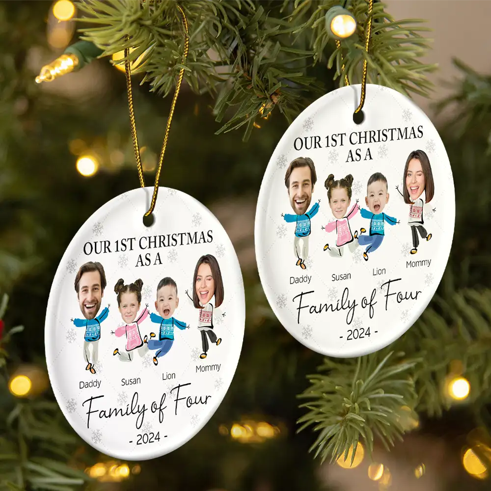 Custom Photo Our First Christmas As A Family Of Three - Personalized Circle Ceramic Ornament ORNA1210