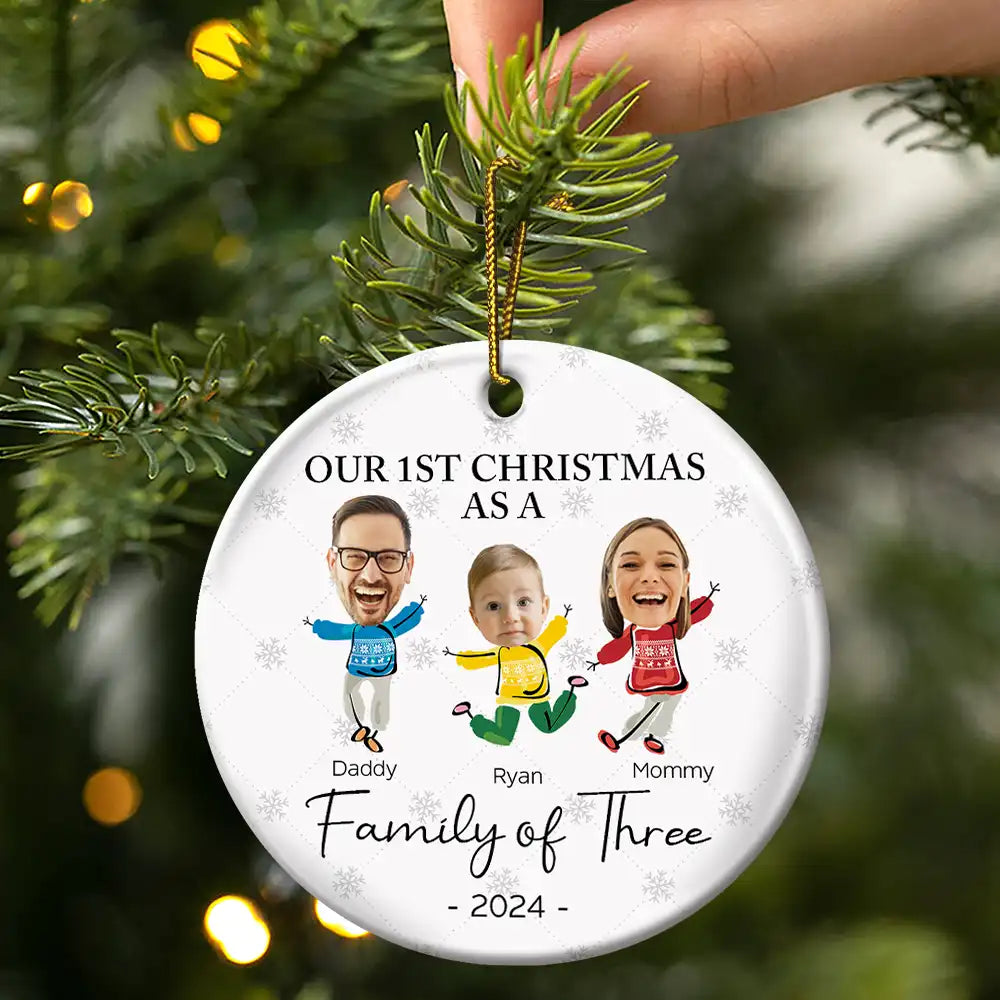 Custom Photo Our First Christmas As A Family Of Three - Personalized Circle Ceramic Ornament ORNA1210