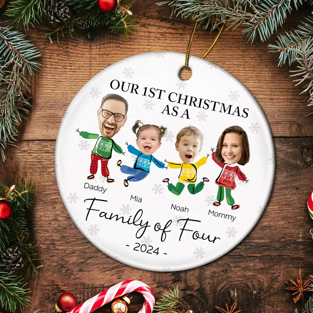 Custom Photo Our First Christmas As A Family Of Three - Personalized Circle Ceramic Ornament ORNA1210