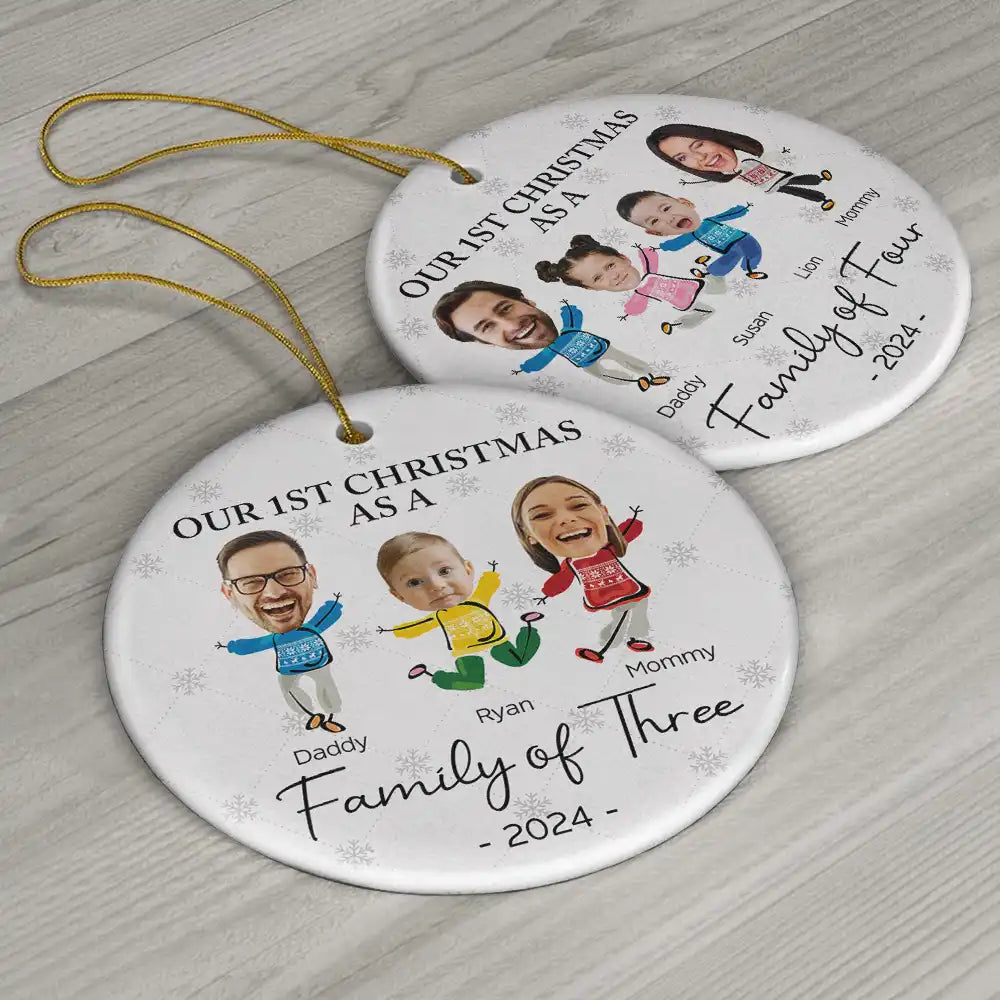 Custom Photo Our First Christmas As A Family Of Three - Personalized Circle Ceramic Ornament ORNA1210
