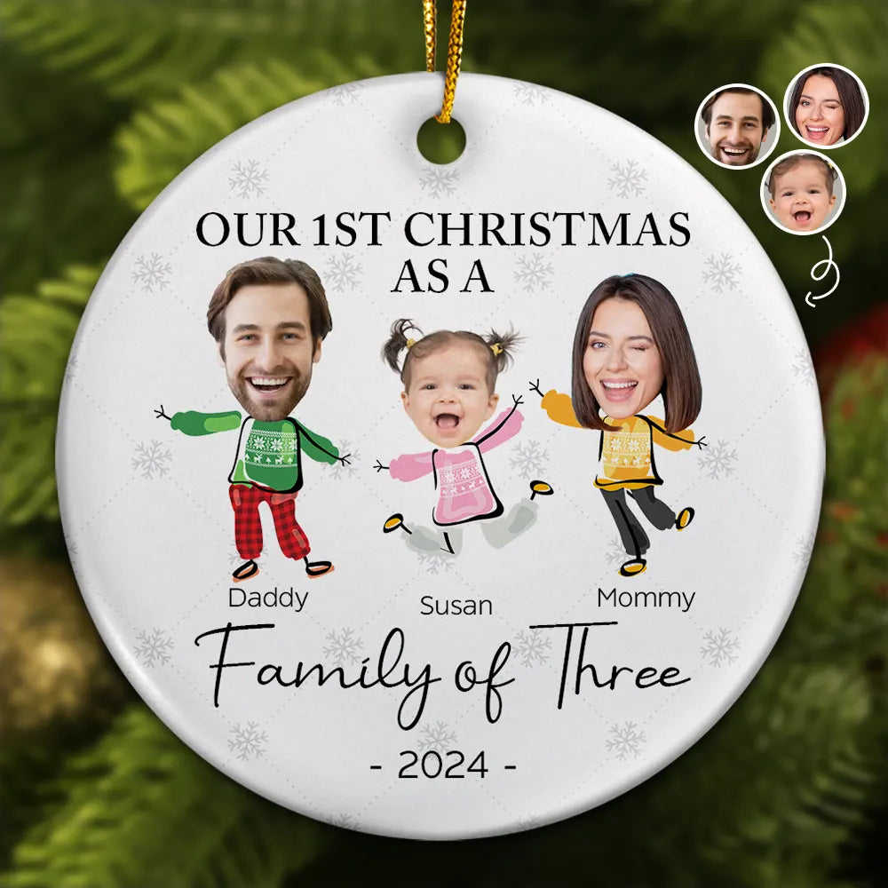Custom Photo Our First Christmas As A Family Of Three - Personalized Circle Ceramic Ornament ORNA1210