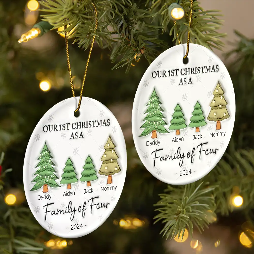 First Christmas As A Family Of Three - 3D Inflated Effect Printed Ornament, Personalized Circle Ceramic Ornament ORNA1210
