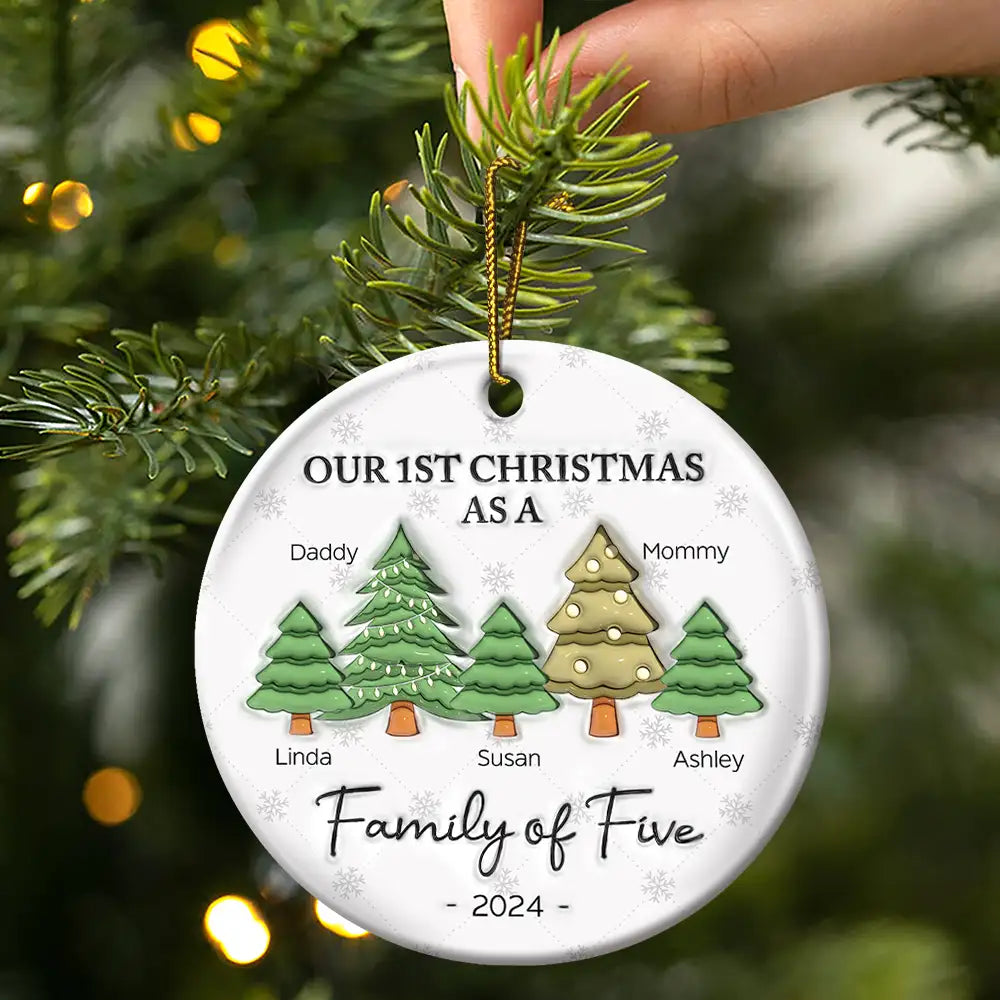First Christmas As A Family Of Three - 3D Inflated Effect Printed Ornament, Personalized Circle Ceramic Ornament ORNA1210