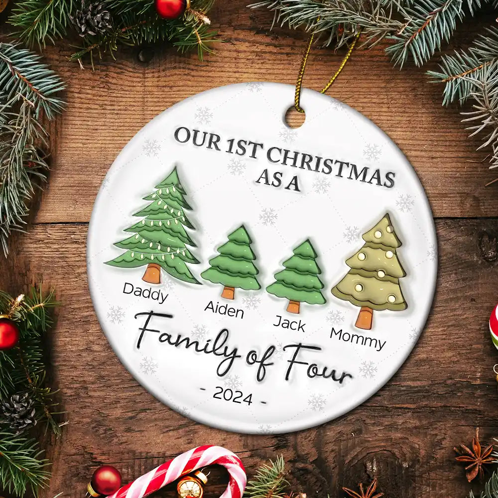 First Christmas As A Family Of Three - 3D Inflated Effect Printed Ornament, Personalized Circle Ceramic Ornament ORNA1210