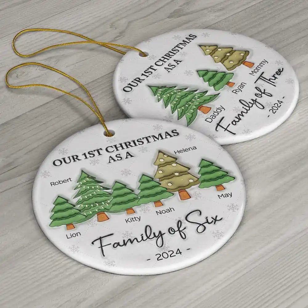 First Christmas As A Family Of Three - 3D Inflated Effect Printed Ornament, Personalized Circle Ceramic Ornament ORNA1210