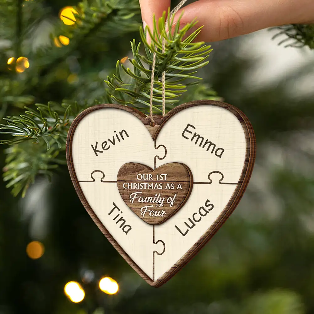 Our First Christmas As A Family Of Three Puzzle - Personalized 2-Layered Wooden Ornament ORNA1210