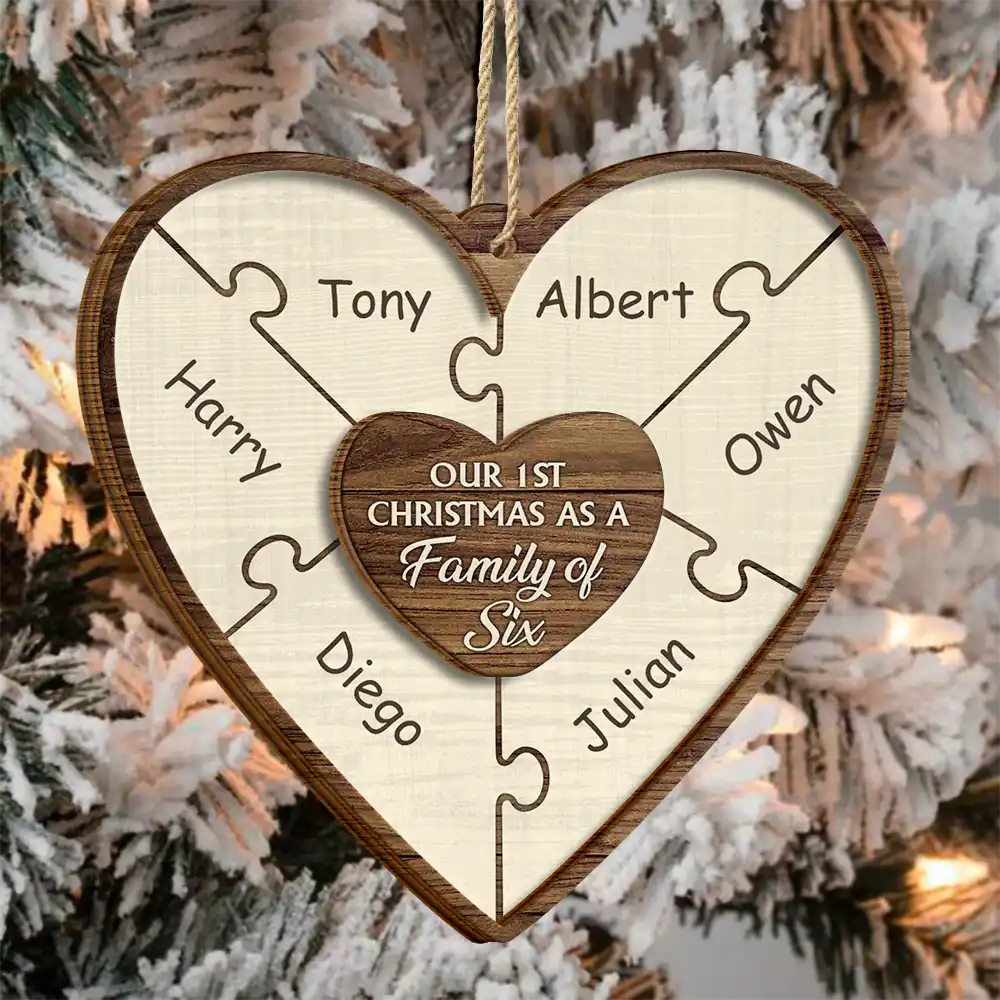 Our First Christmas As A Family Of Three Puzzle - Personalized 2-Layered Wooden Ornament ORNA1210