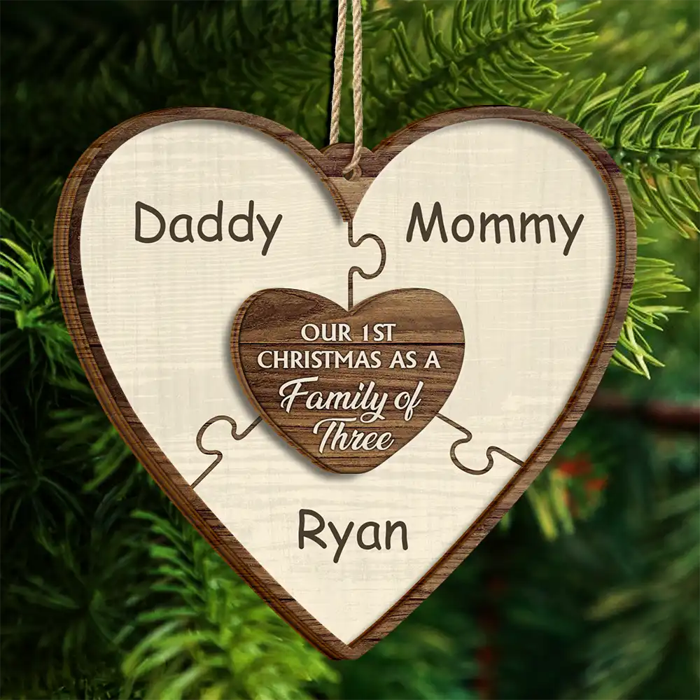 Our First Christmas As A Family Of Three Puzzle - Personalized 2-Layered Wooden Ornament ORNA1210
