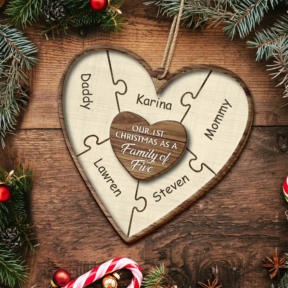 Our First Christmas As A Family Of Three Puzzle - Personalized 2-Layered Wooden Ornament ORNA1210