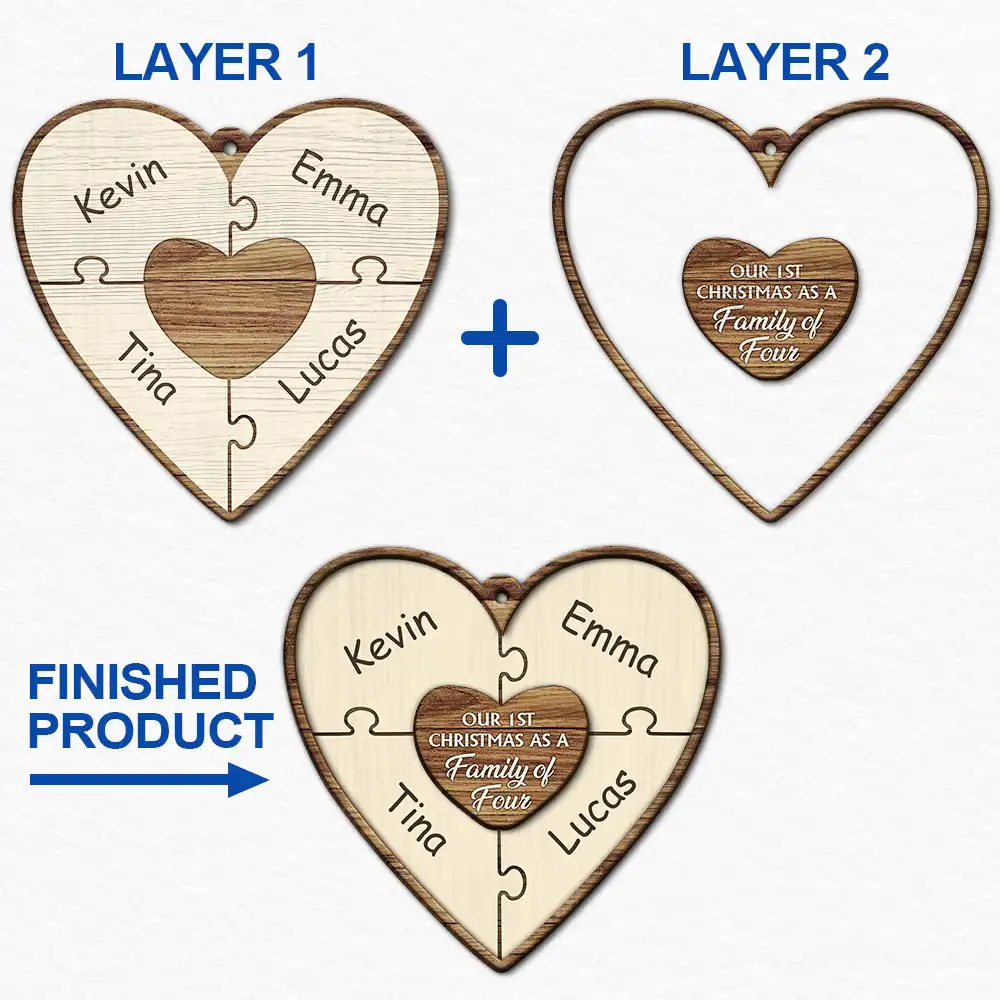 Our First Christmas As A Family Of Three Puzzle - Personalized 2-Layered Wooden Ornament ORNA1210