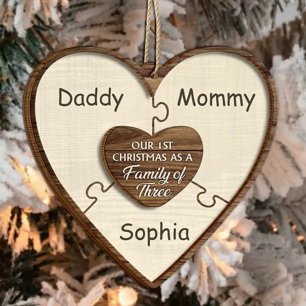 Our First Christmas As A Family Of Three Puzzle - Personalized 2-Layered Wooden Ornament ORNA1210