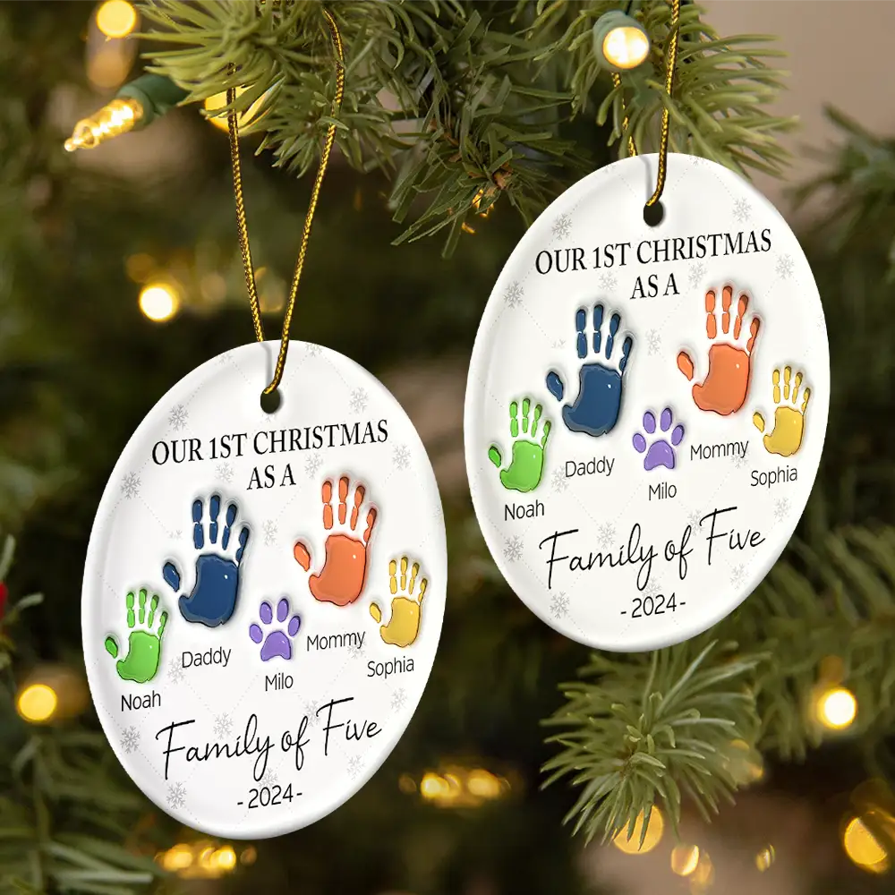 First Christmas As A Family Of Four Handprints - 3D Inflated Effect Printed Ornament, Personalized Circle Ceramic Ornament ORNA1210