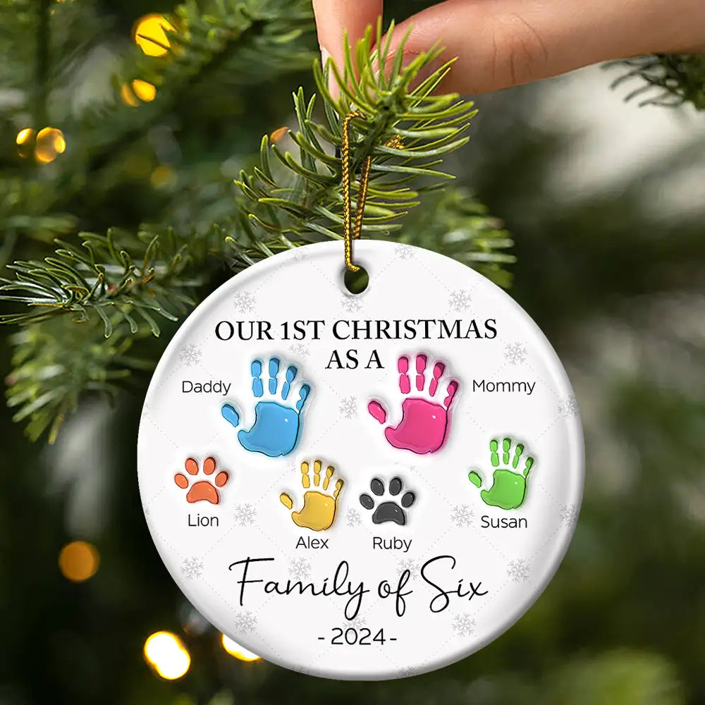 First Christmas As A Family Of Four Handprints - 3D Inflated Effect Printed Ornament, Personalized Circle Ceramic Ornament ORNA1210