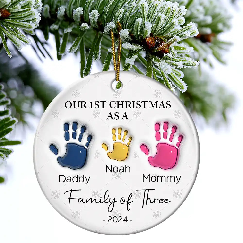 First Christmas As A Family Of Four Handprints - 3D Inflated Effect Printed Ornament, Personalized Circle Ceramic Ornament ORNA1210