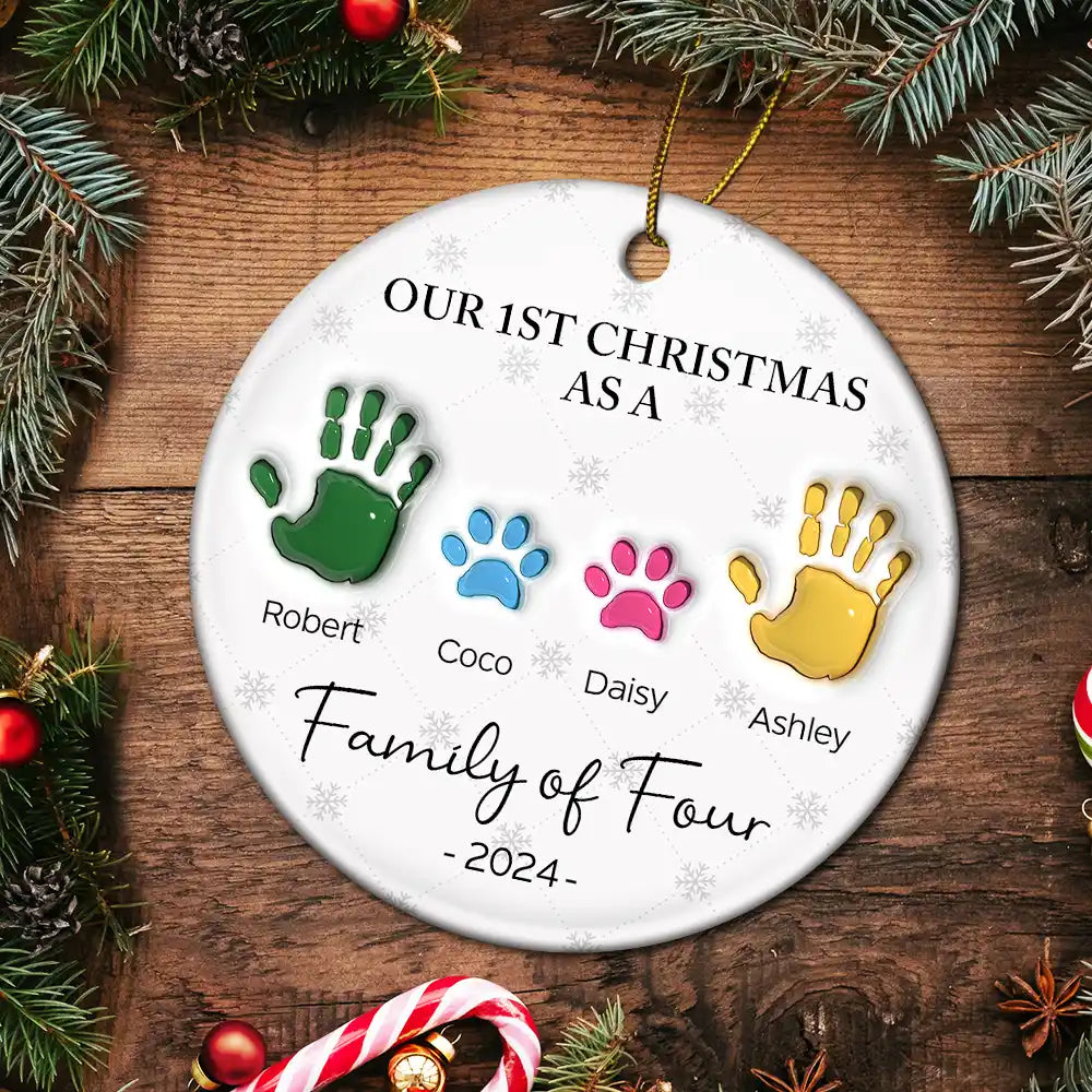 First Christmas As A Family Of Four Handprints - 3D Inflated Effect Printed Ornament, Personalized Circle Ceramic Ornament ORNA1210