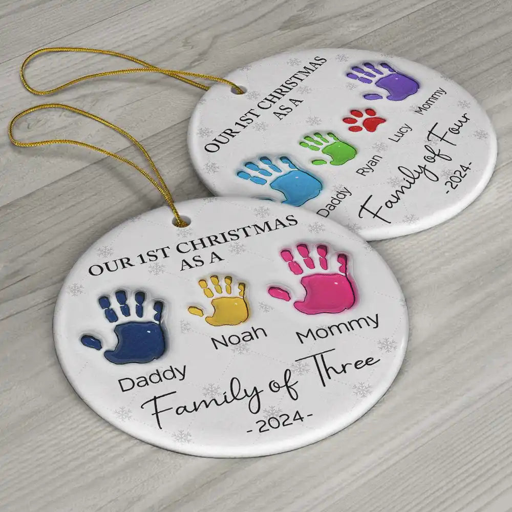First Christmas As A Family Of Four Handprints - 3D Inflated Effect Printed Ornament, Personalized Circle Ceramic Ornament ORNA1210