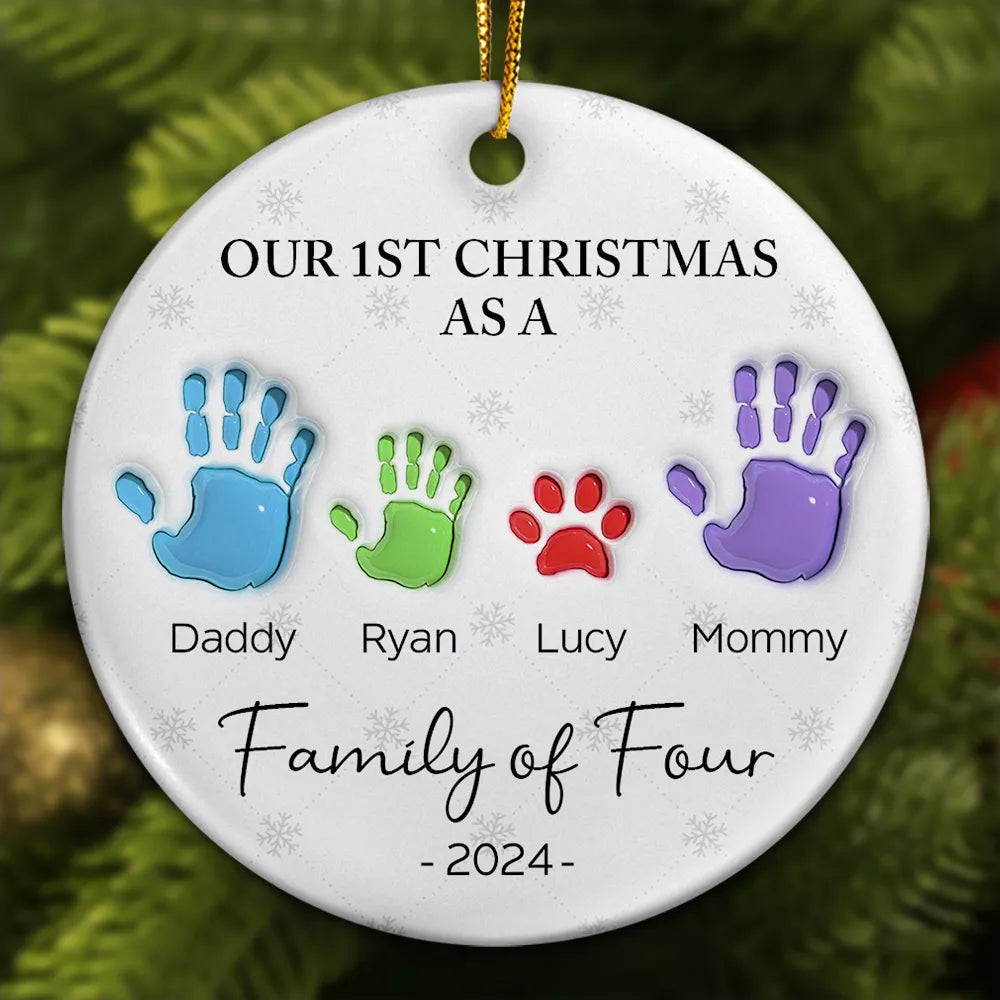 First Christmas As A Family Of Four Handprints - 3D Inflated Effect Printed Ornament, Personalized Circle Ceramic Ornament ORNA1210