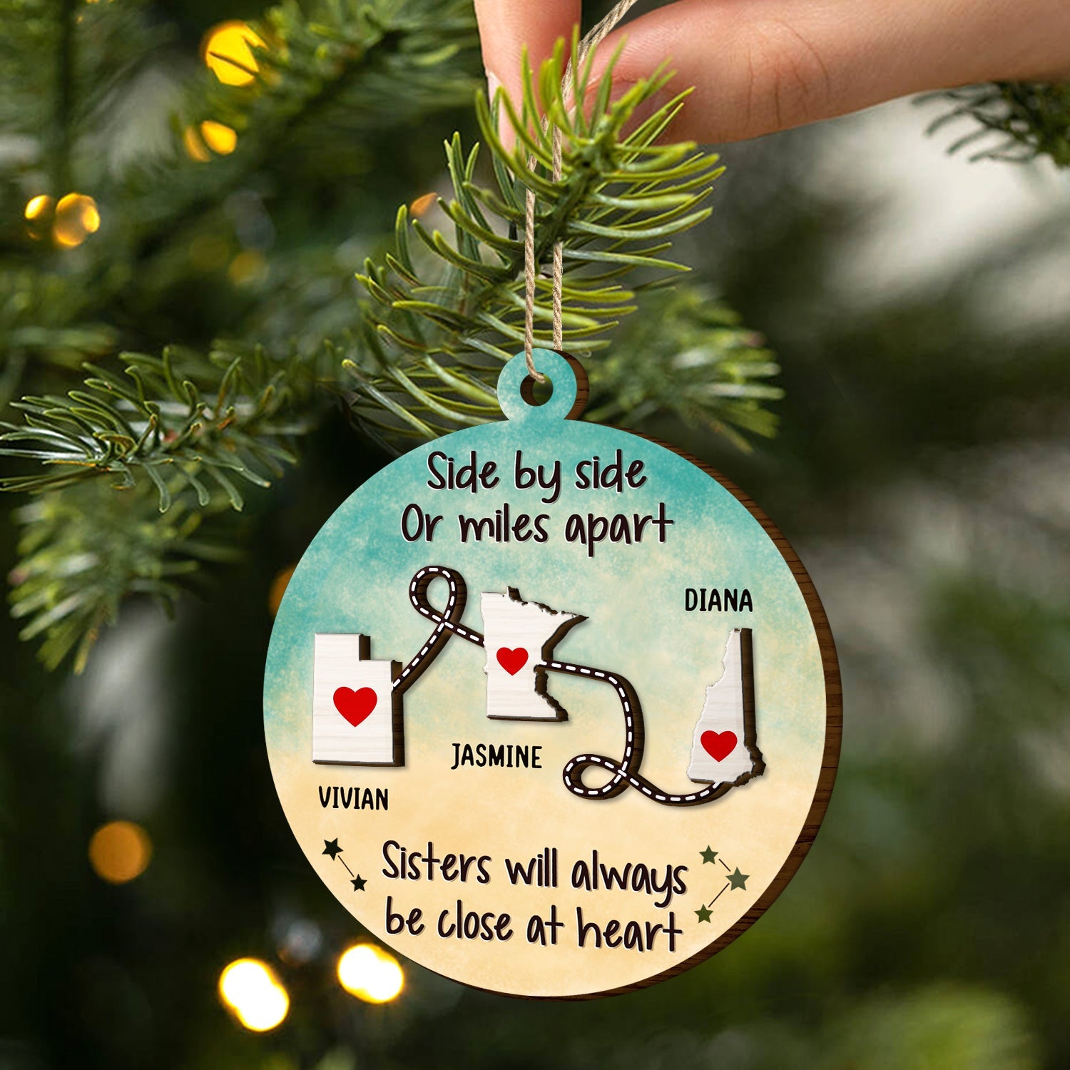 Side By Side Or Miles Apart - Christmas Gift For Family, BFF Best Friends, Siblings, Brothers, Sisters - Personalized 2-Layered Wooden Ornament ORNA1210