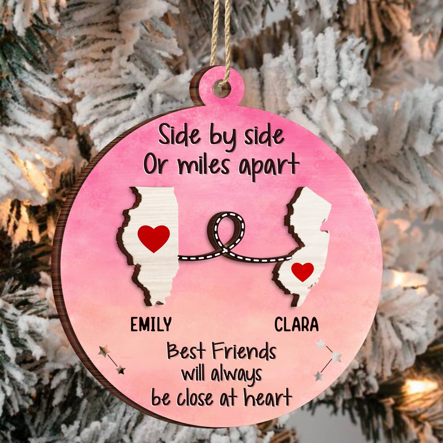 Side By Side Or Miles Apart - Christmas Gift For Family, BFF Best Friends, Siblings, Brothers, Sisters - Personalized 2-Layered Wooden Ornament ORNA1210