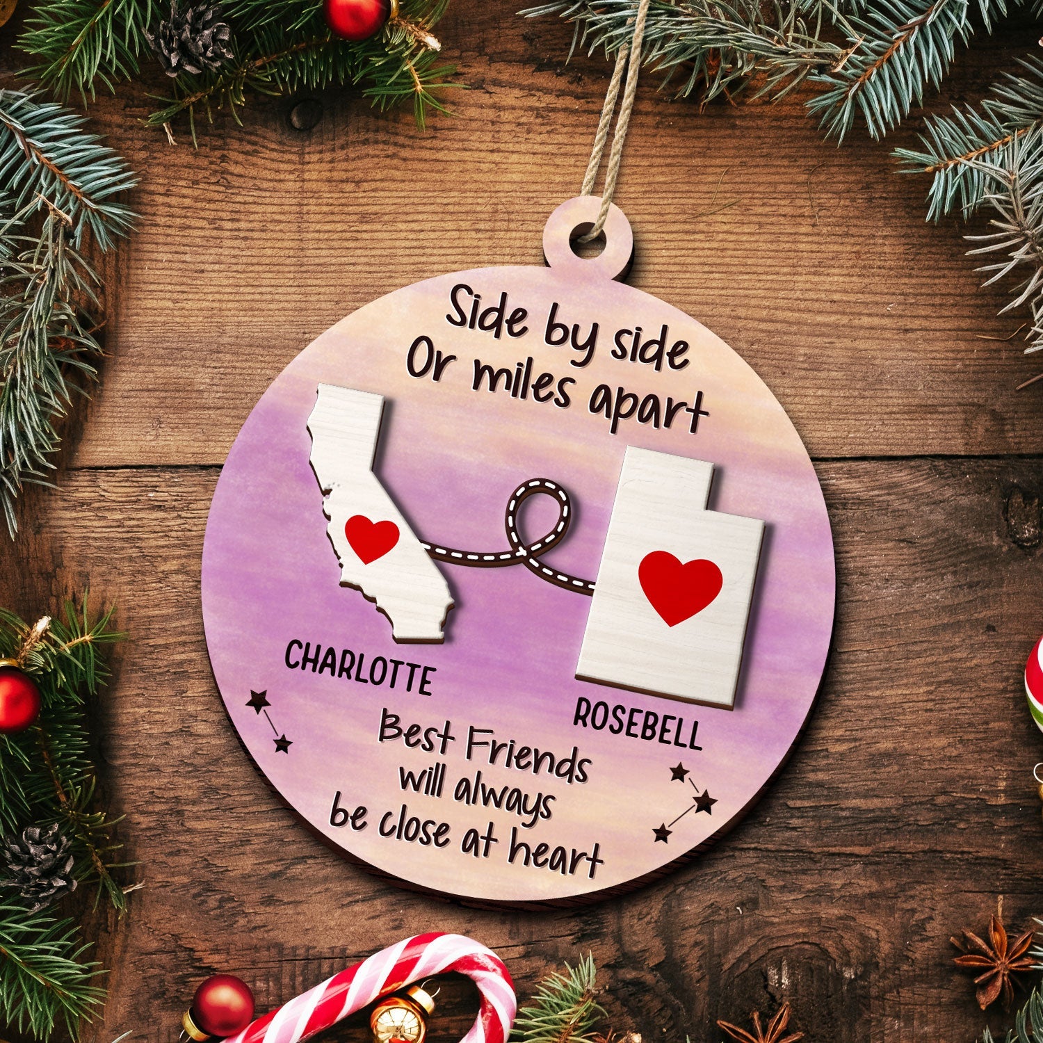 Side By Side Or Miles Apart - Christmas Gift For Family, BFF Best Friends, Siblings, Brothers, Sisters - Personalized 2-Layered Wooden Ornament ORNA1210