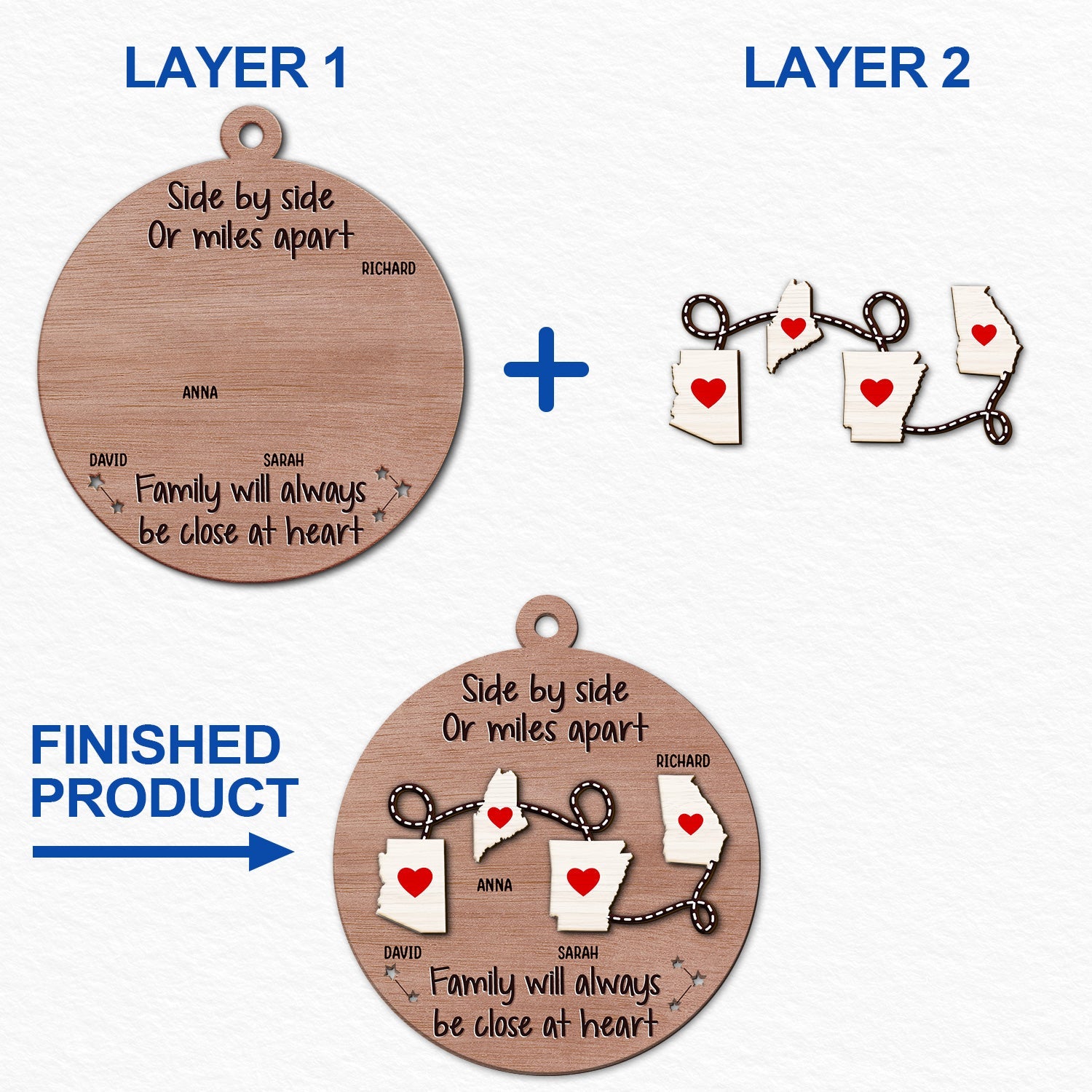 Side By Side Or Miles Apart - Christmas Gift For Family, BFF Best Friends, Siblings, Brothers, Sisters - Personalized 2-Layered Wooden Ornament ORNA1210