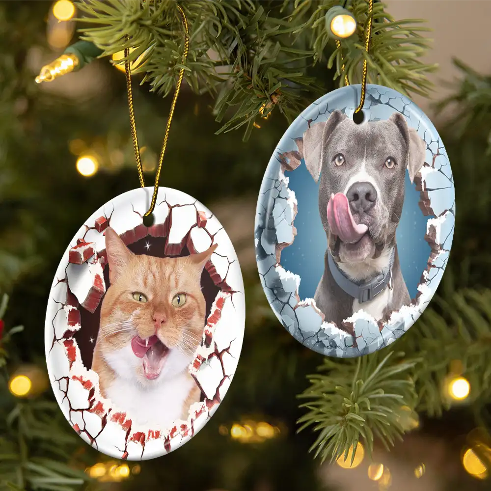 Custom Photo Dog Cat Breaking Through Ornament - Personalized Circle Ceramic Ornament ORNA1210