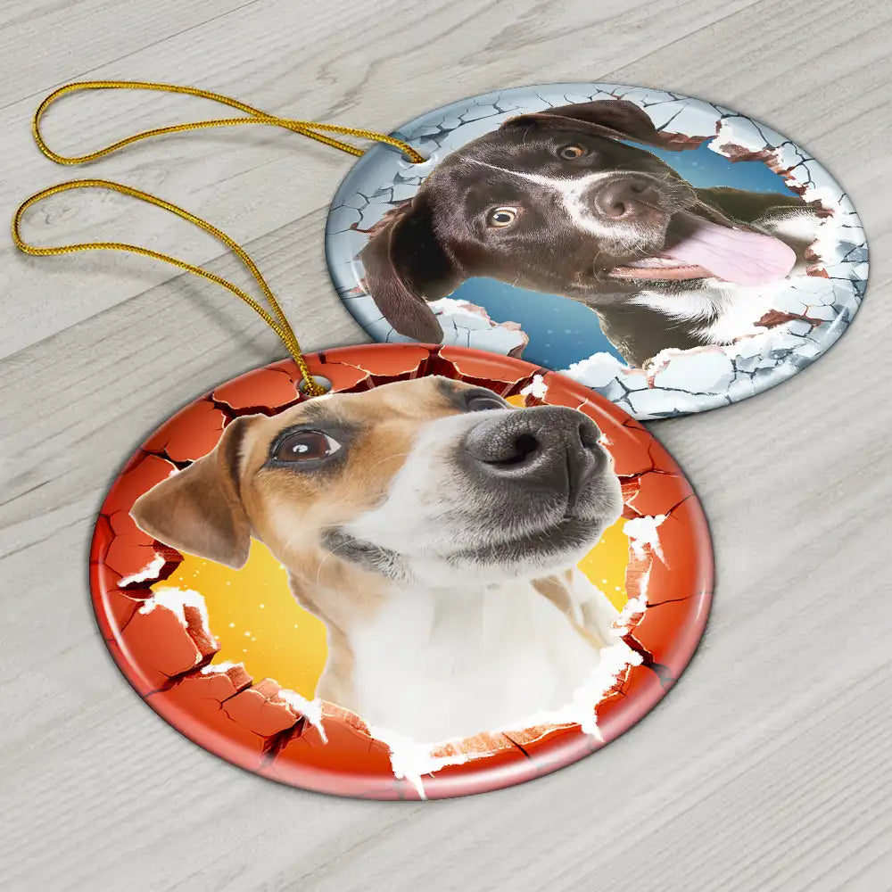 Custom Photo Dog Cat Breaking Through Ornament - Personalized Circle Ceramic Ornament ORNA1210