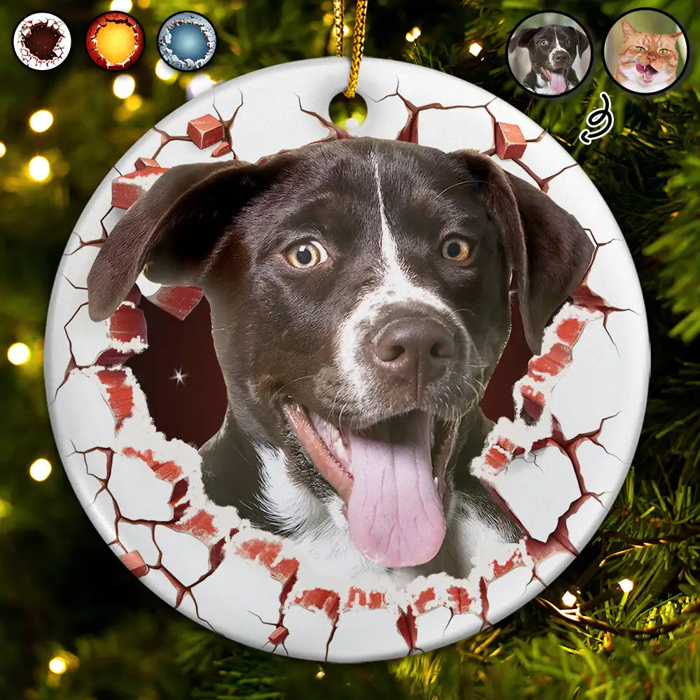 Custom Photo Dog Cat Breaking Through Ornament - Personalized Circle Ceramic Ornament ORNA1210