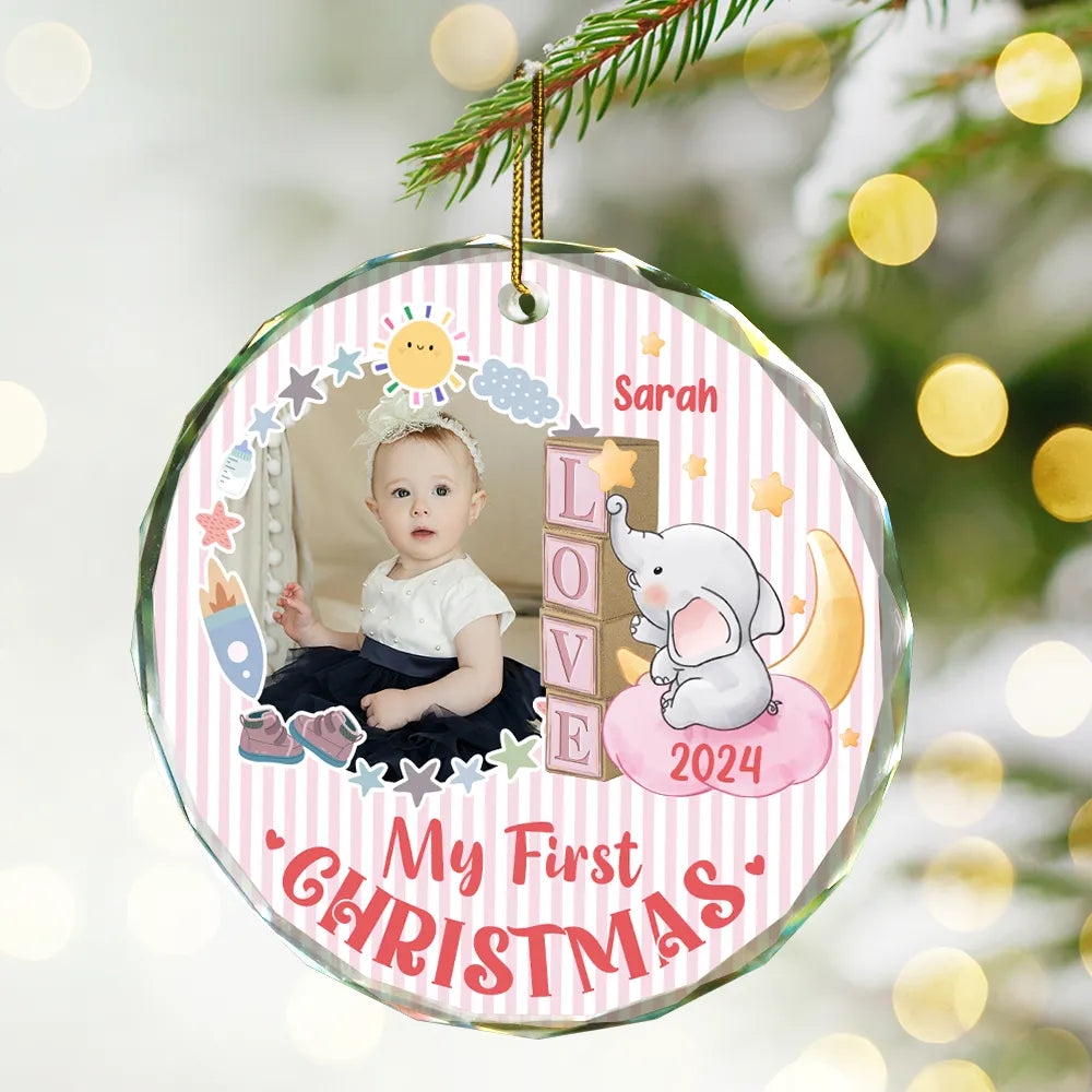 Custom Photo First Christmas Elephant Star - Personalized Circle Glass Ornament ORNA1210