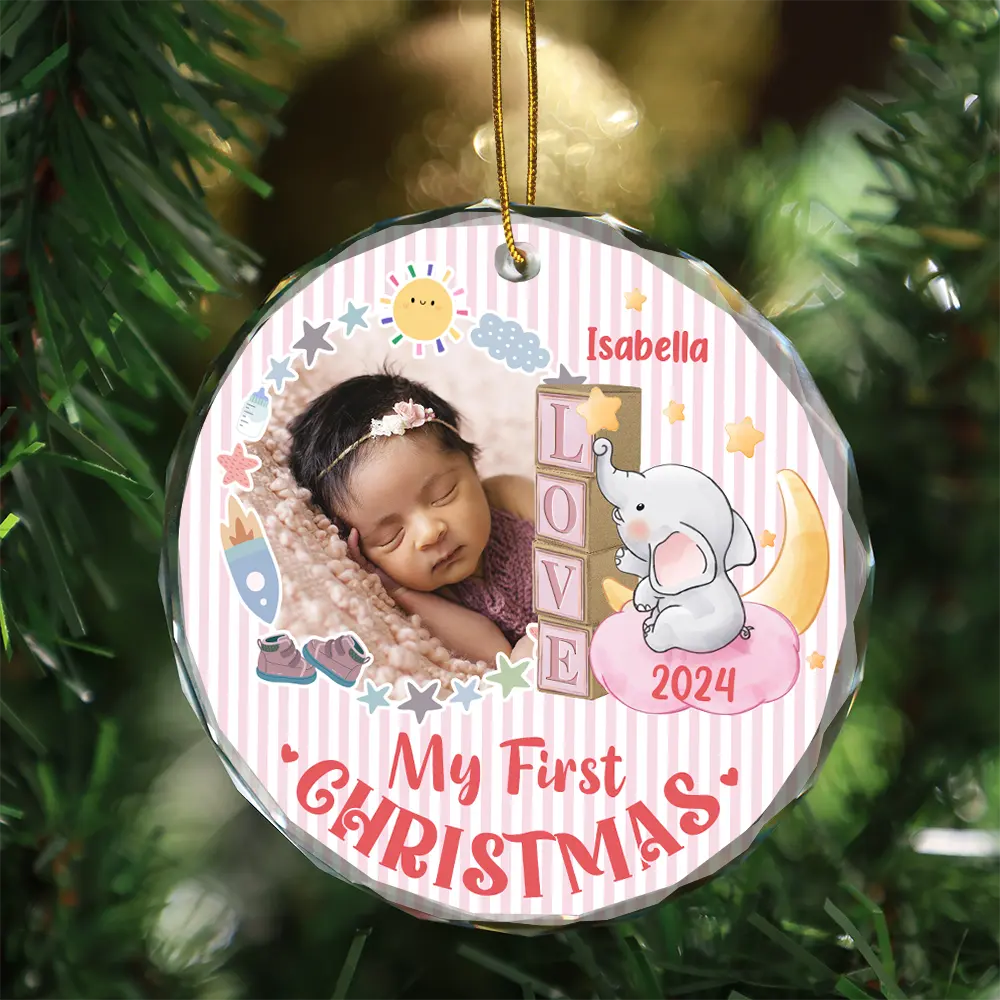 Custom Photo First Christmas Elephant Star - Personalized Circle Glass Ornament ORNA1210