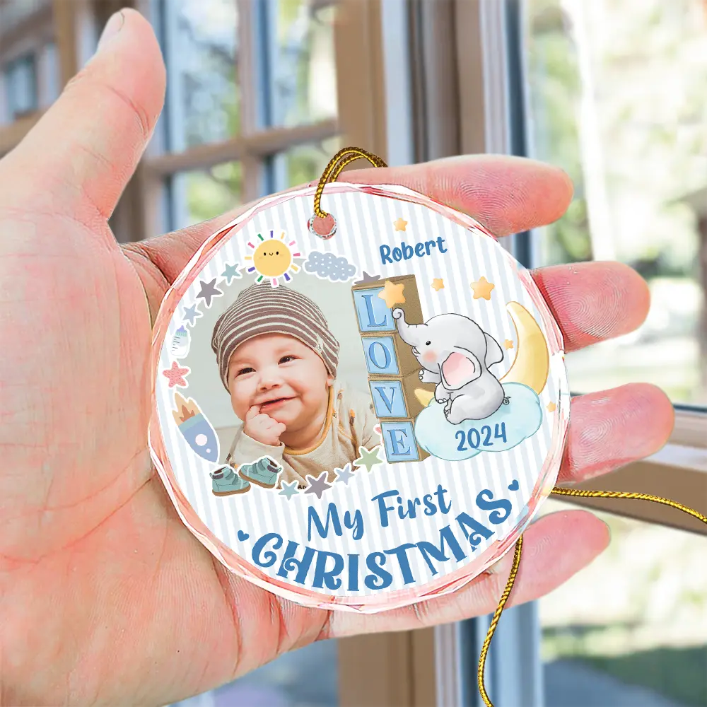 Custom Photo First Christmas Elephant Star - Personalized Circle Glass Ornament ORNA1210