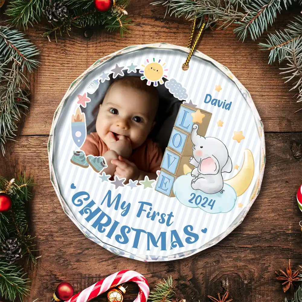 Custom Photo First Christmas Elephant Star - Personalized Circle Glass Ornament ORNA1210