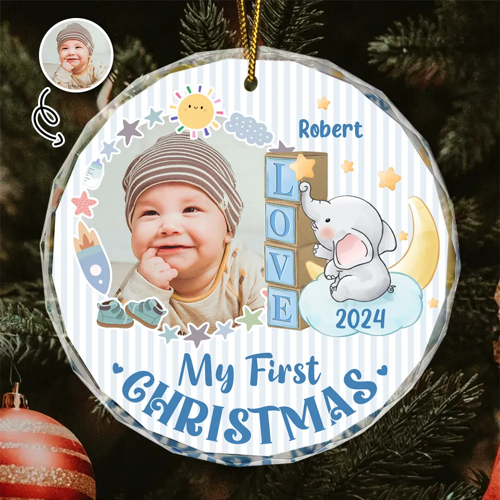 Custom Photo First Christmas Elephant Star - Personalized Circle Glass Ornament ORNA1210