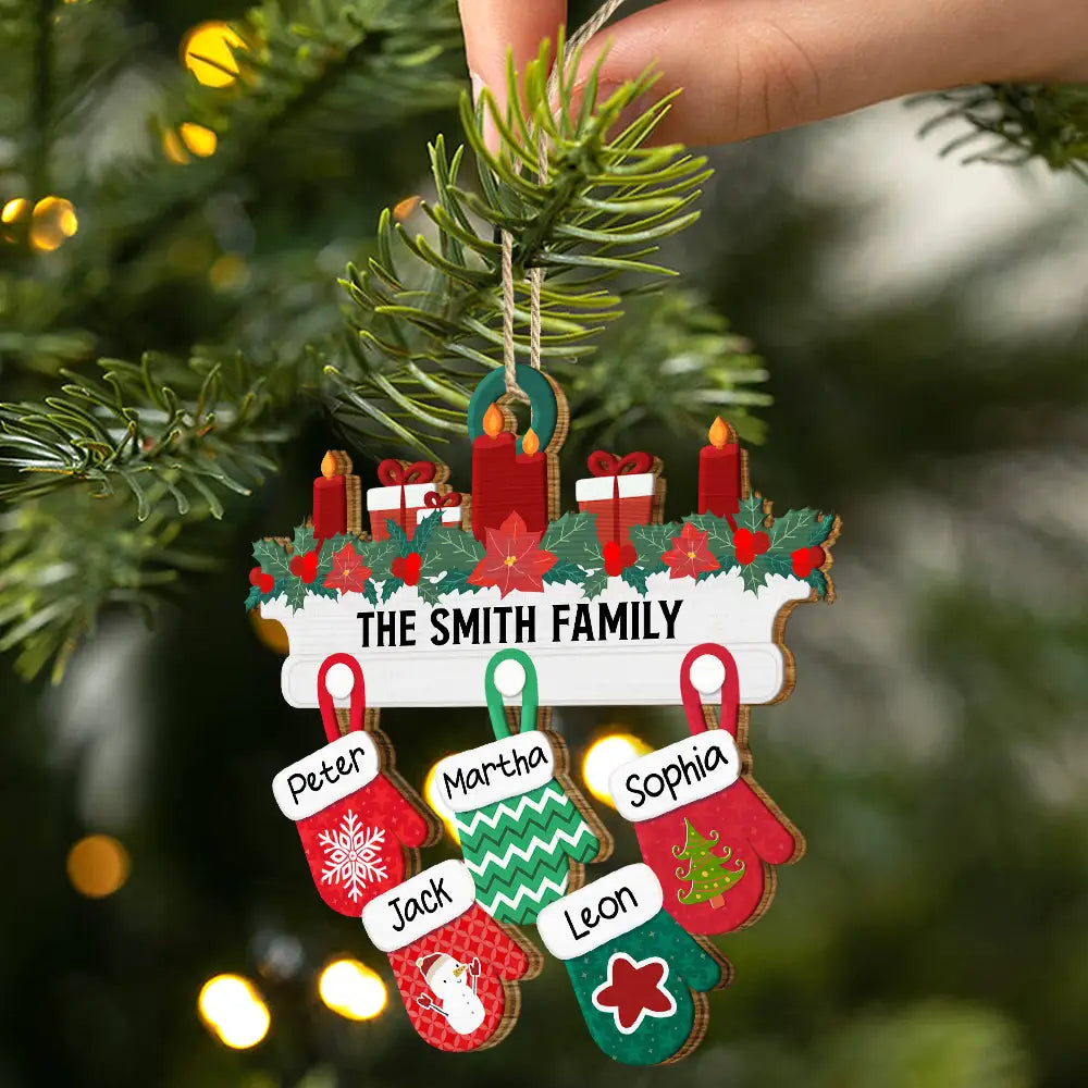 Christmas Family Warm Mittens - Personalized Wooden Cutout Ornament ORNA1210