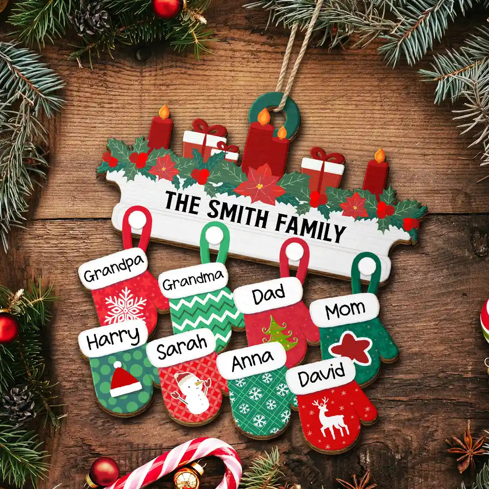 Christmas Family Warm Mittens - Personalized Wooden Cutout Ornament ORNA1210