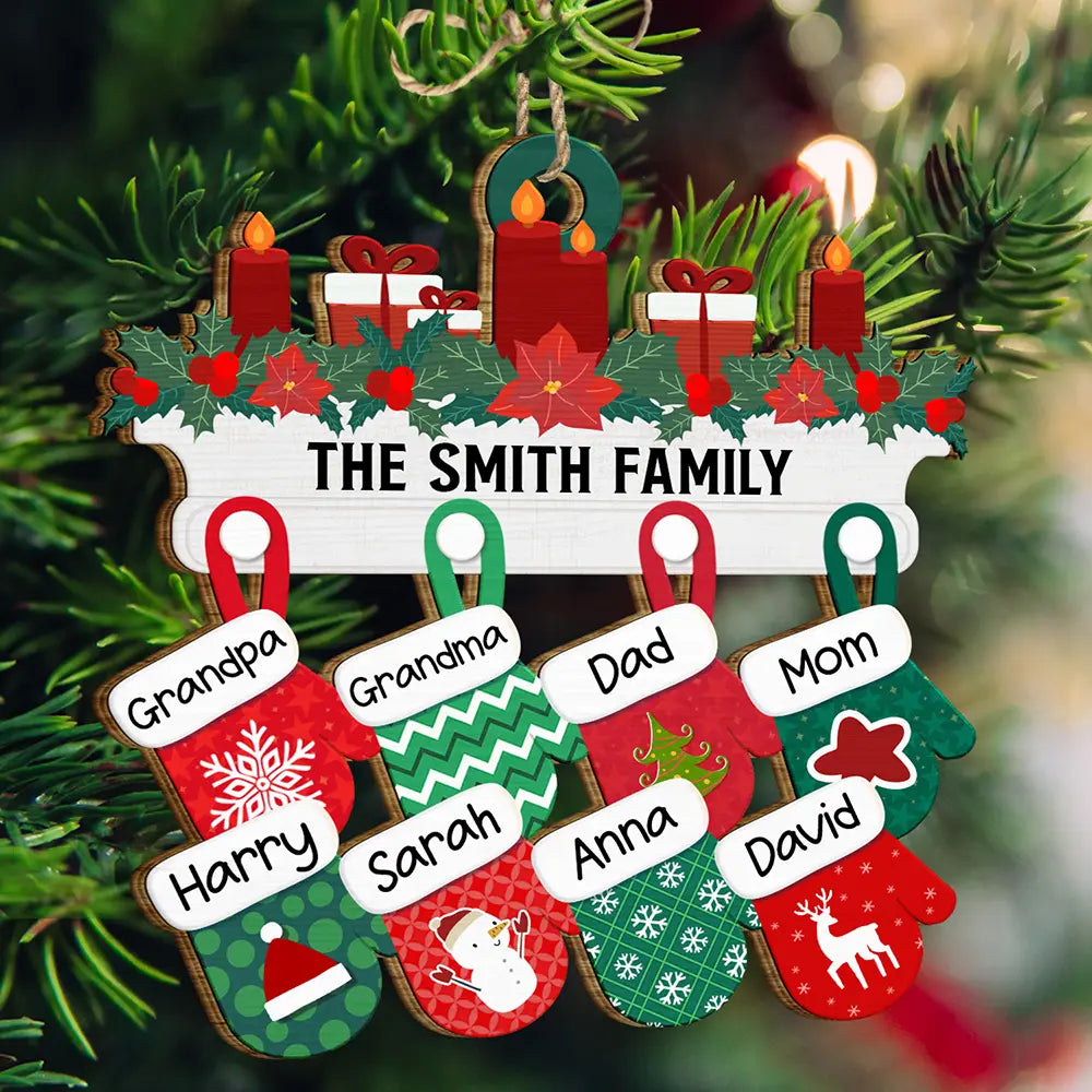 Christmas Family Warm Mittens - Personalized Wooden Cutout Ornament ORNA1210