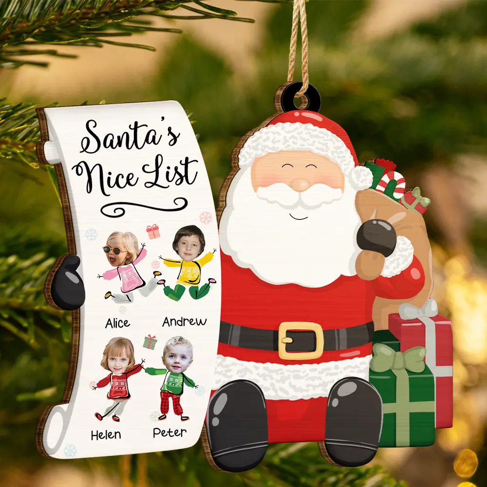 Custom Photo Kid Faces Santa's Nice List - Personalized Custom Shaped Wooden Ornament ORNA1210