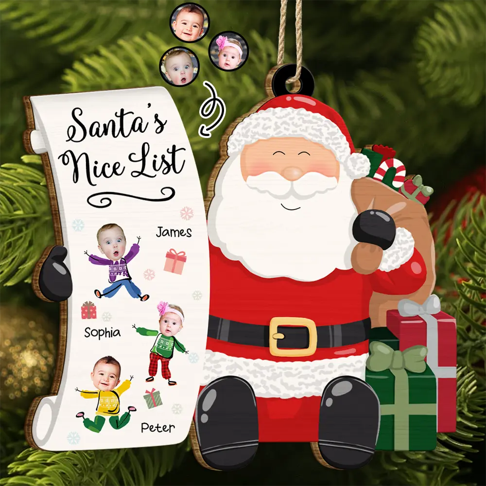Custom Photo Kid Faces Santa's Nice List - Personalized Custom Shaped Wooden Ornament ORNA1210