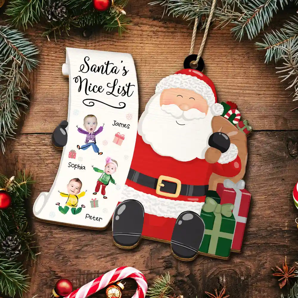 Custom Photo Kid Faces Santa's Nice List - Personalized Custom Shaped Wooden Ornament ORNA1210