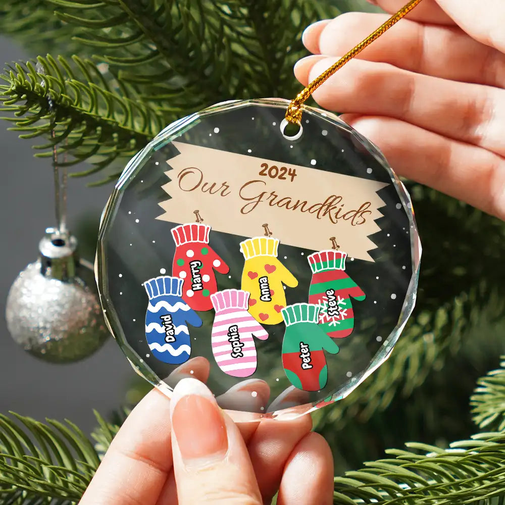 Mittens With Grandkids Names Christmas - Personalized Circle Glass Ornament ORNA1210