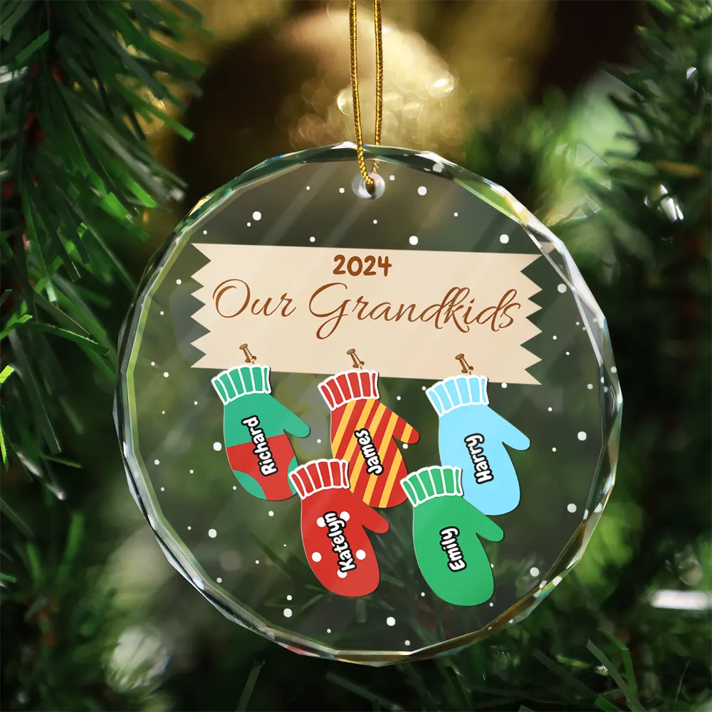 Mittens With Grandkids Names Christmas - Personalized Circle Glass Ornament ORNA1210