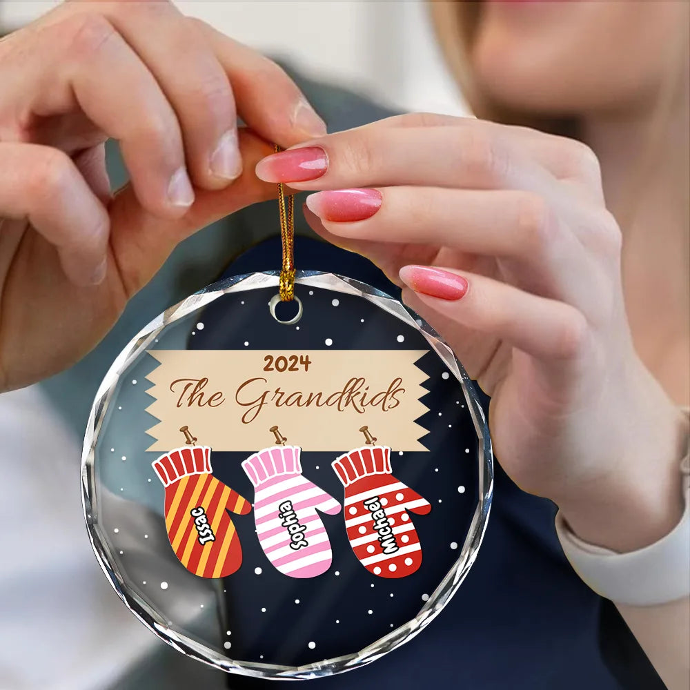 Mittens With Grandkids Names Christmas - Personalized Circle Glass Ornament ORNA1210